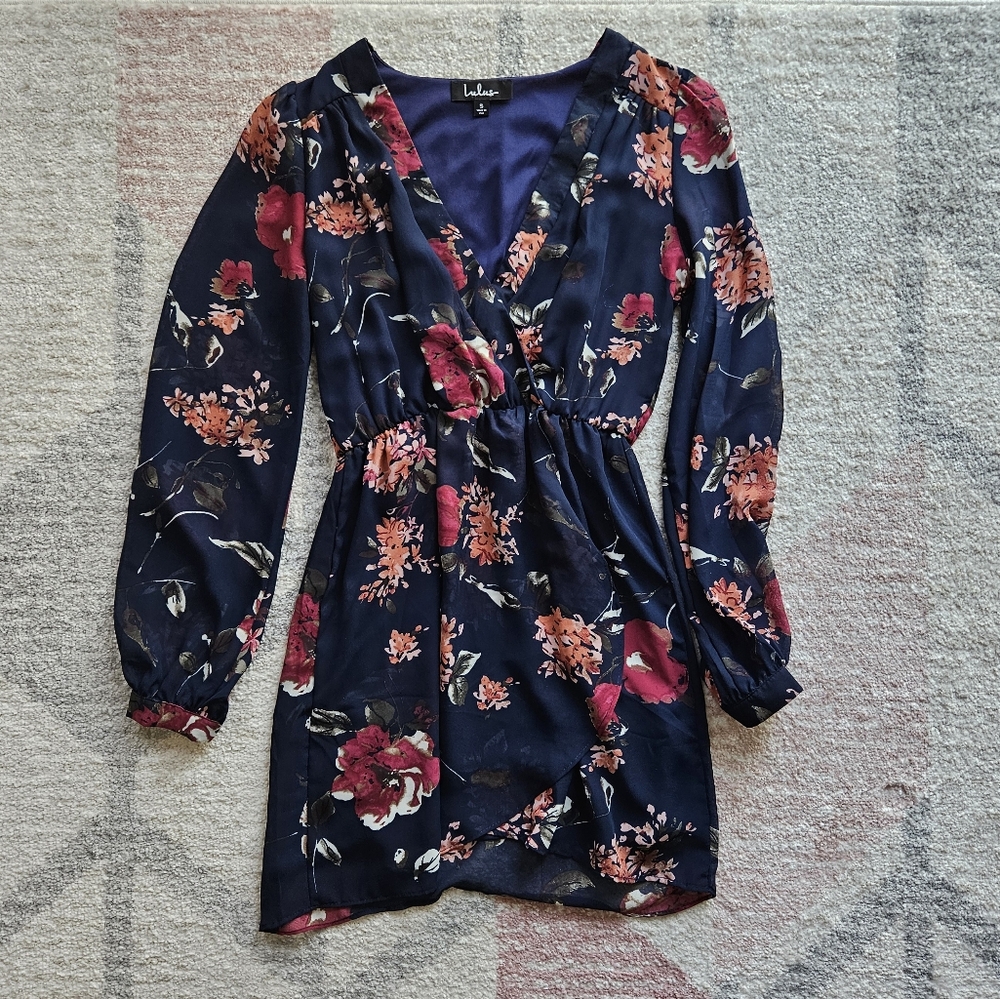 Lulu's Navy Floral Long Sleeve Wrap Dress